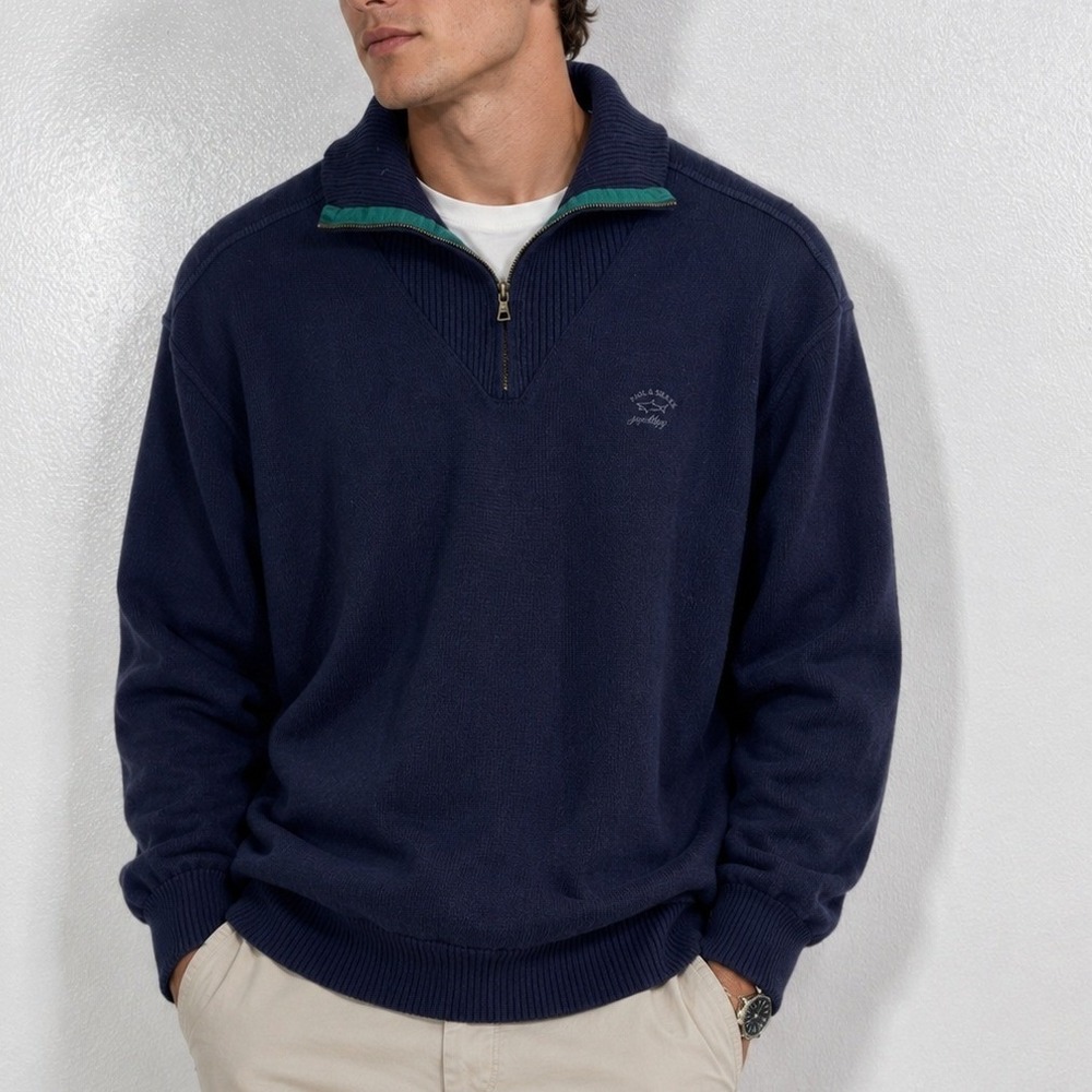 Paul & Shark Yachting Wool Sweater XXL Blue Made in Italy Elbow Patch Half Zip